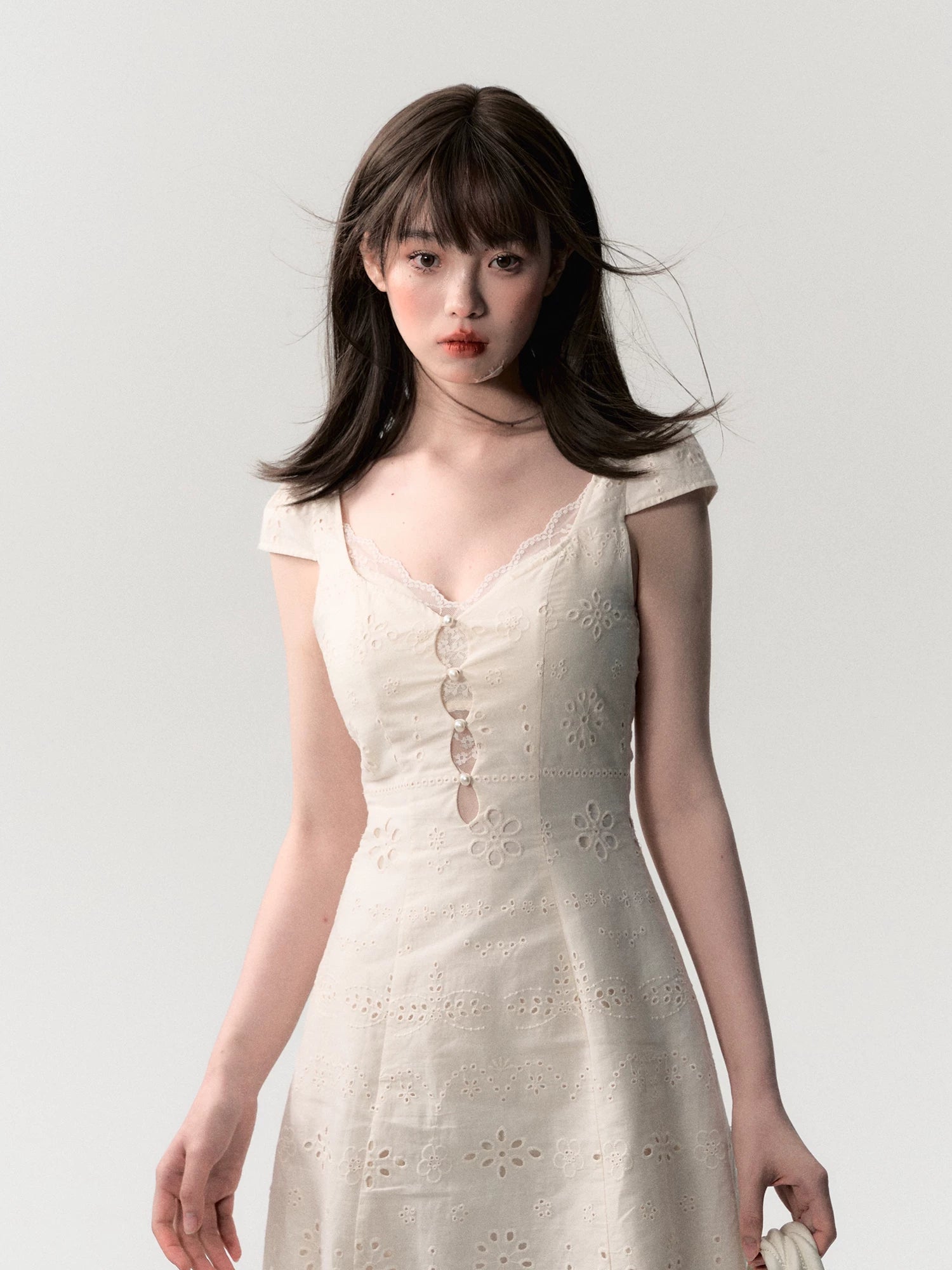 Cream White Lace-Panel Slim Fit Textured Dress