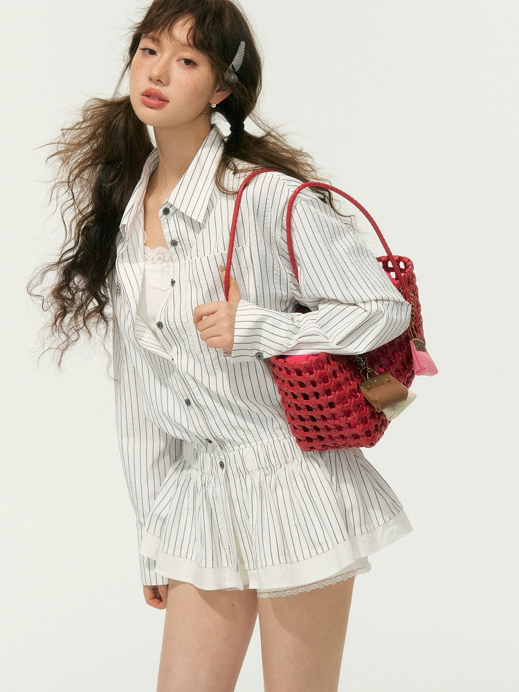 Waisted Collar Ruffle Blouse