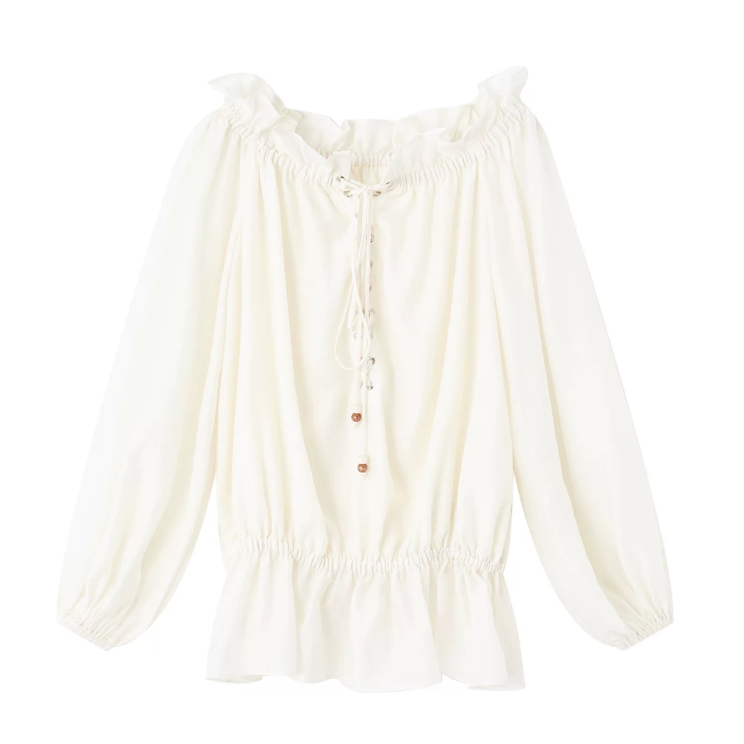 Off-Shoulder Lace-Up Lantern Sleeve Blouse