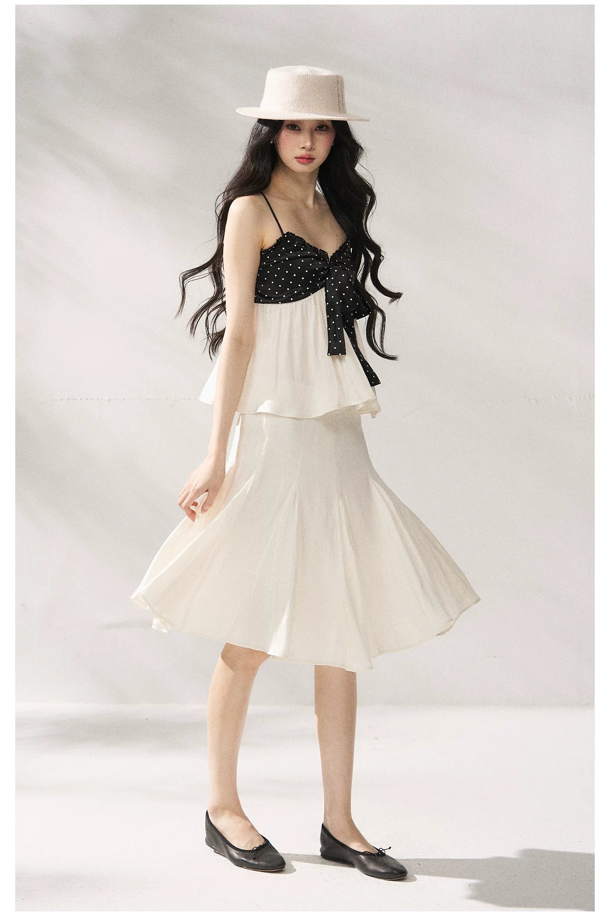 Polka Dot Camisole & Bow Detail Midi Skirt Set