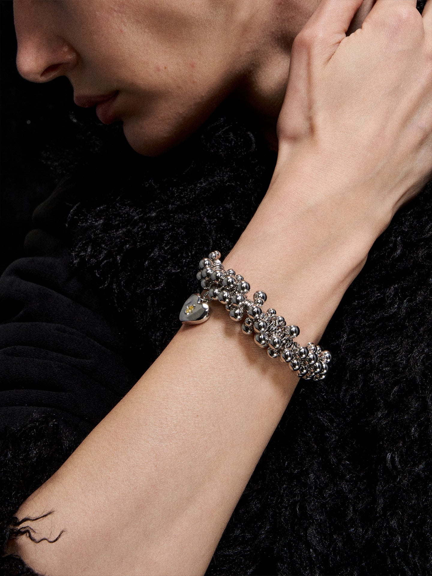 Silver-Tone Heart Charm Beaded Bracelet