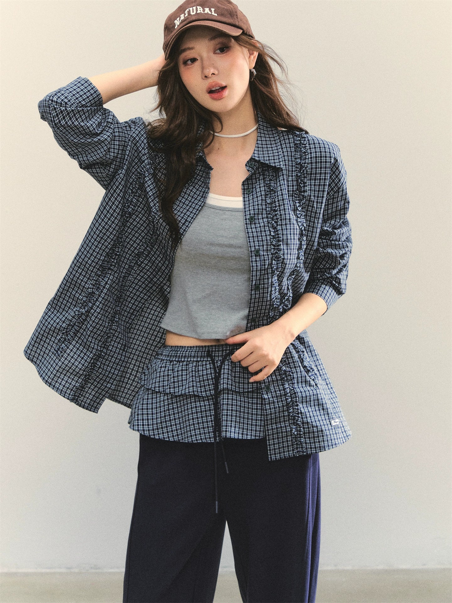 Plaid Ruffle Pleated Loose Long-Sleeve Shirt