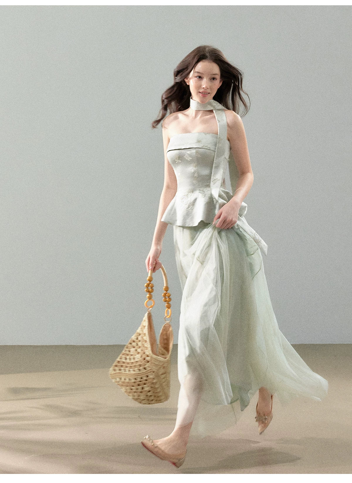 Floral Jacquard Corset Top & Sheer Mesh Skirt Set