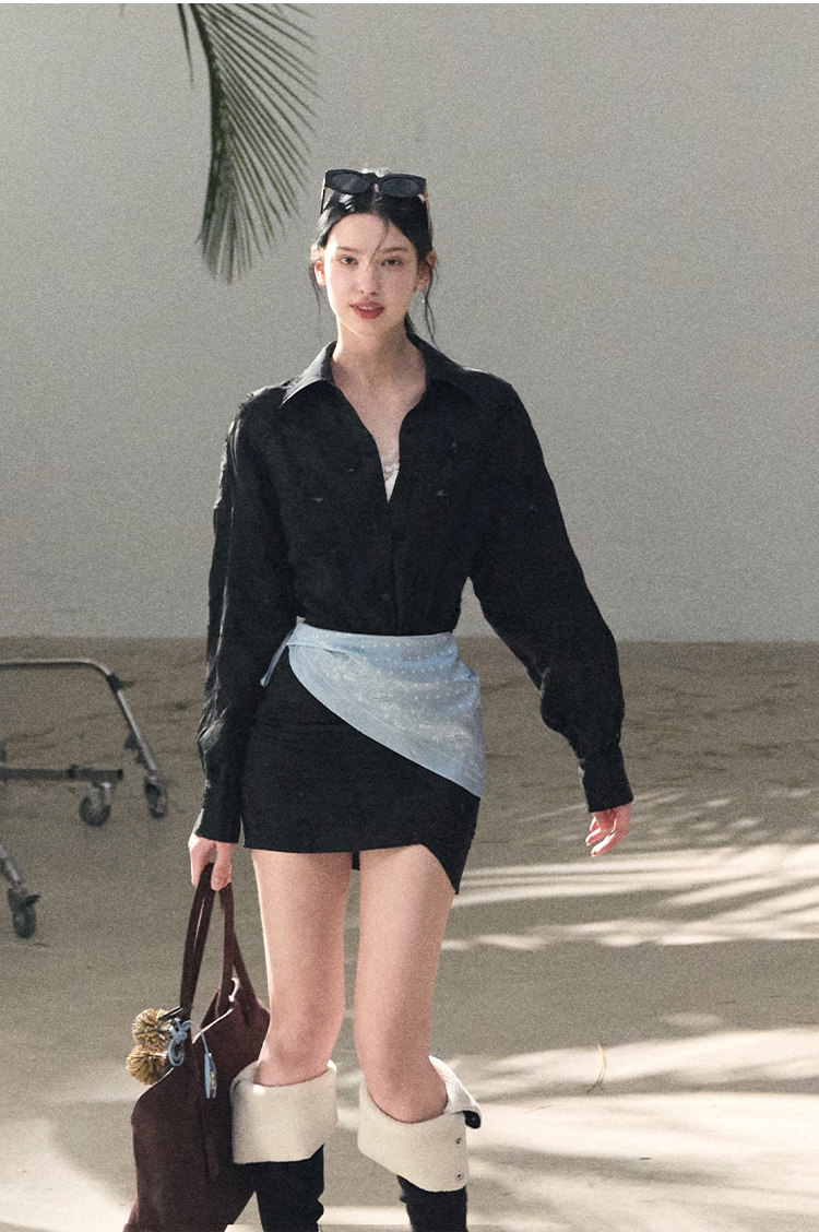 Waist-Cinched Long-Sleeve Shirt Dress