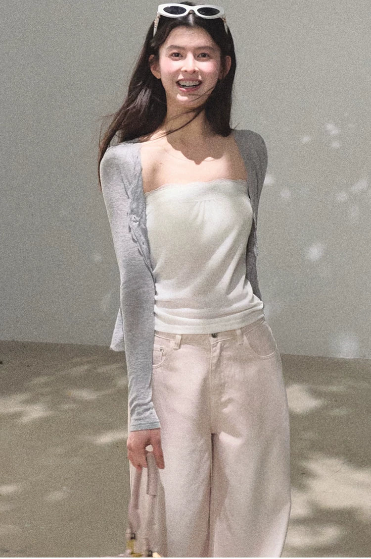 Lyocell Wool Lace-Trim Fitted Knit Cardigan