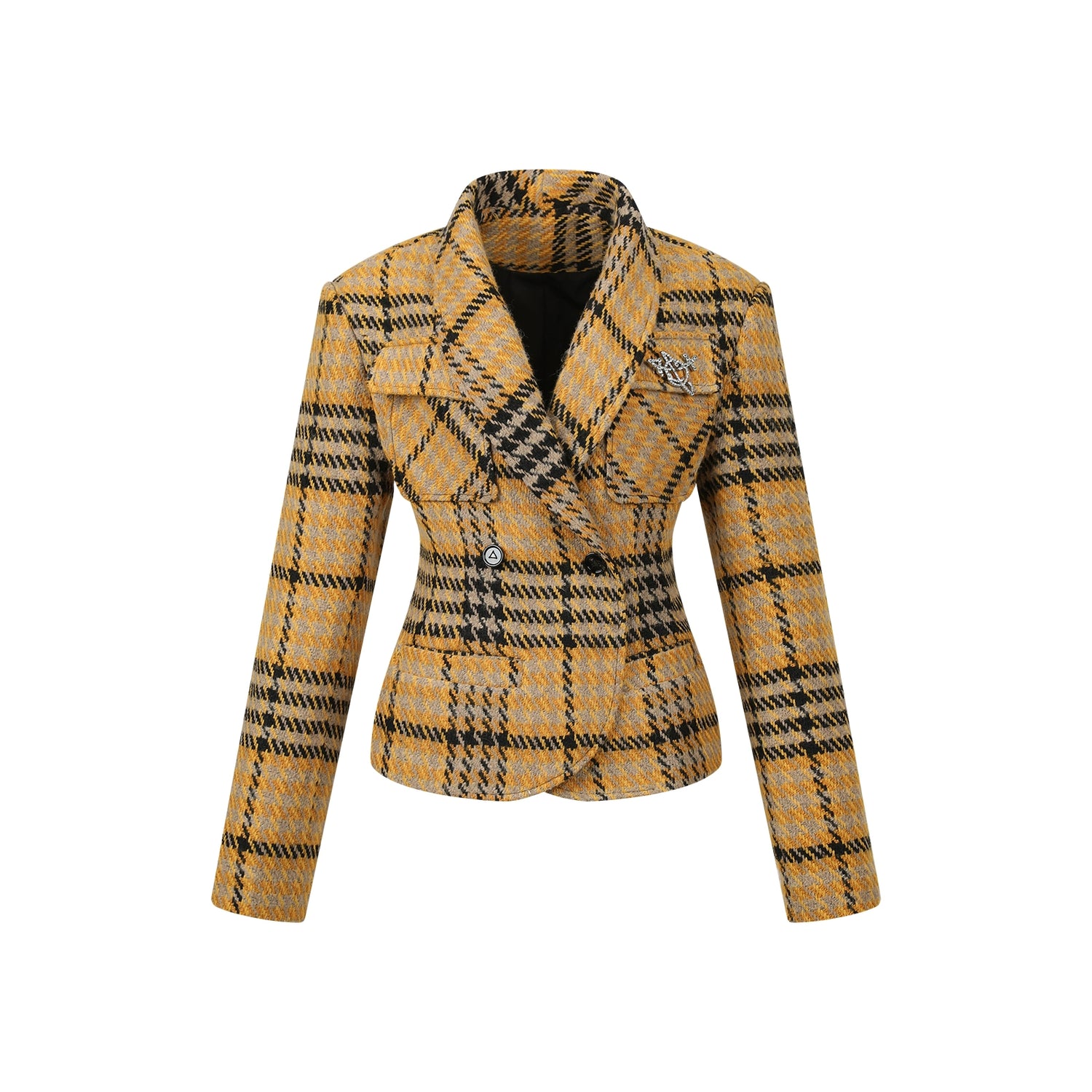 Yellow Plaid Fitted Shoulder-Pad Jacket - CHINASQUAD
