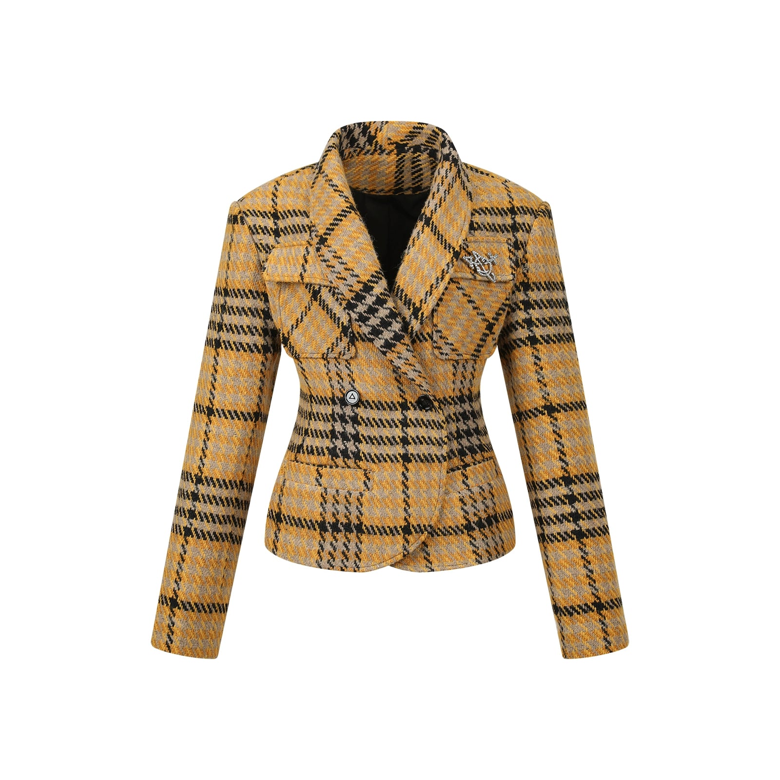 Yellow Plaid Fitted Shoulder-Pad Jacket - CHINASQUAD