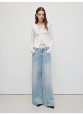 Light Blue Structured Wide-Leg Denim Pants - CHINASQUAD