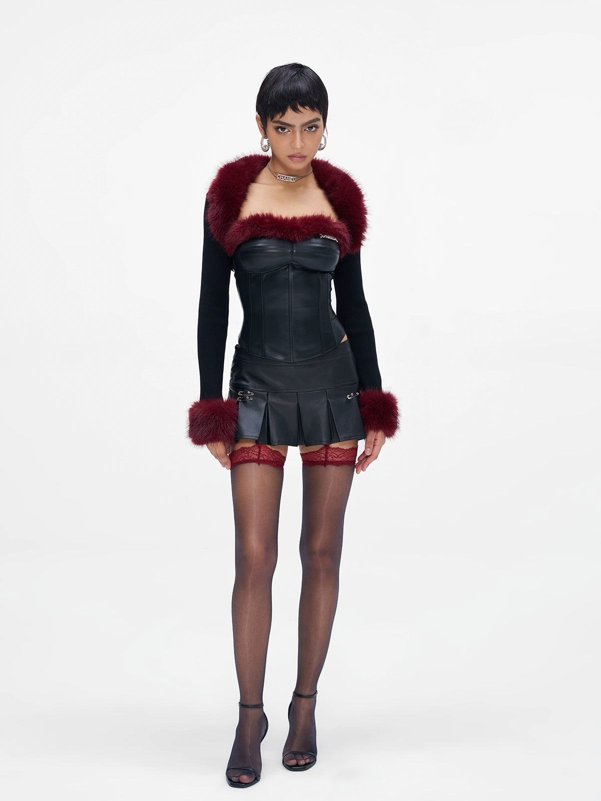 Fur-Collar Knit Cape & Fuzzy Bodycon Skirt Set