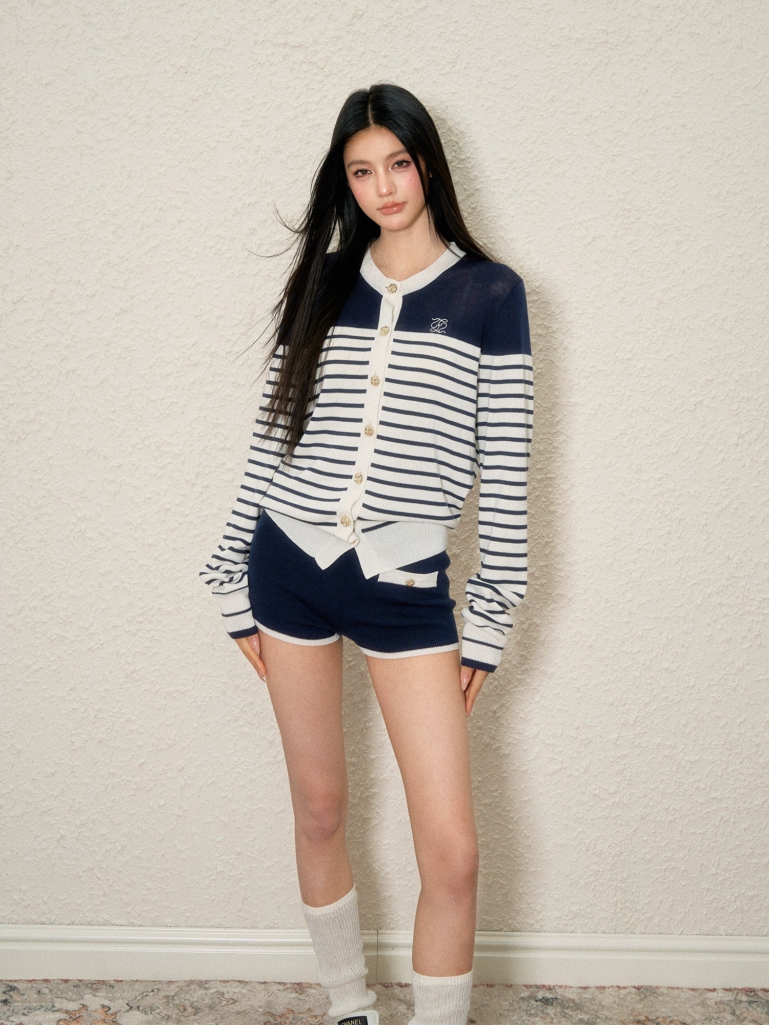 Lyocell Striped Contrast Cardigan & Shorts Set - CHINASQUAD