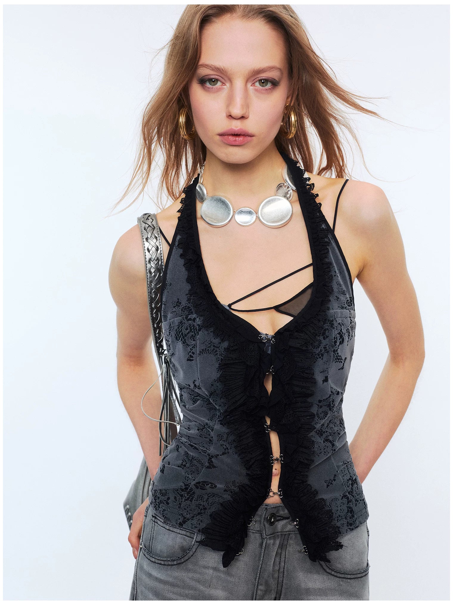 Lace Ruffle Floral Halterneck Camisole