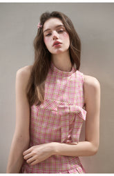 Mint & Strawberry Check Halter Dress - CHINASQUAD