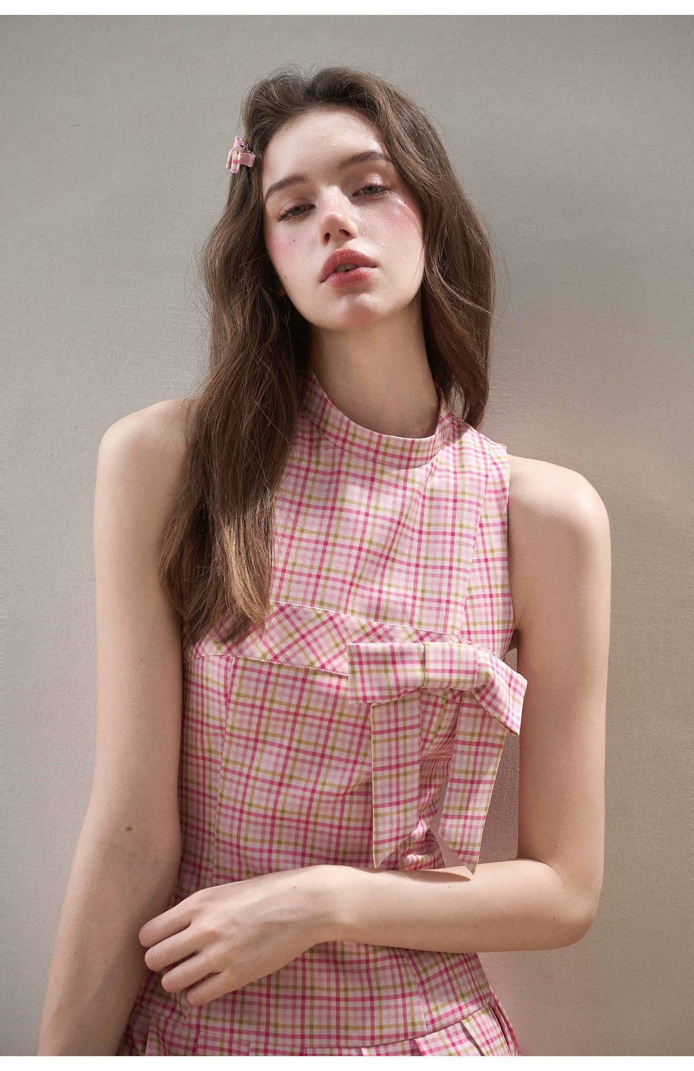 Mint & Strawberry Check Halter Dress