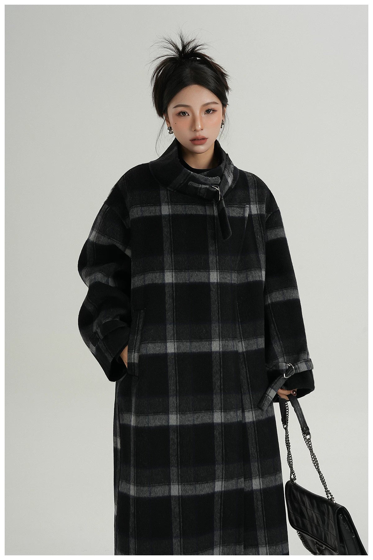 Plaid Stand-Collar Double-Faced Wool Coat