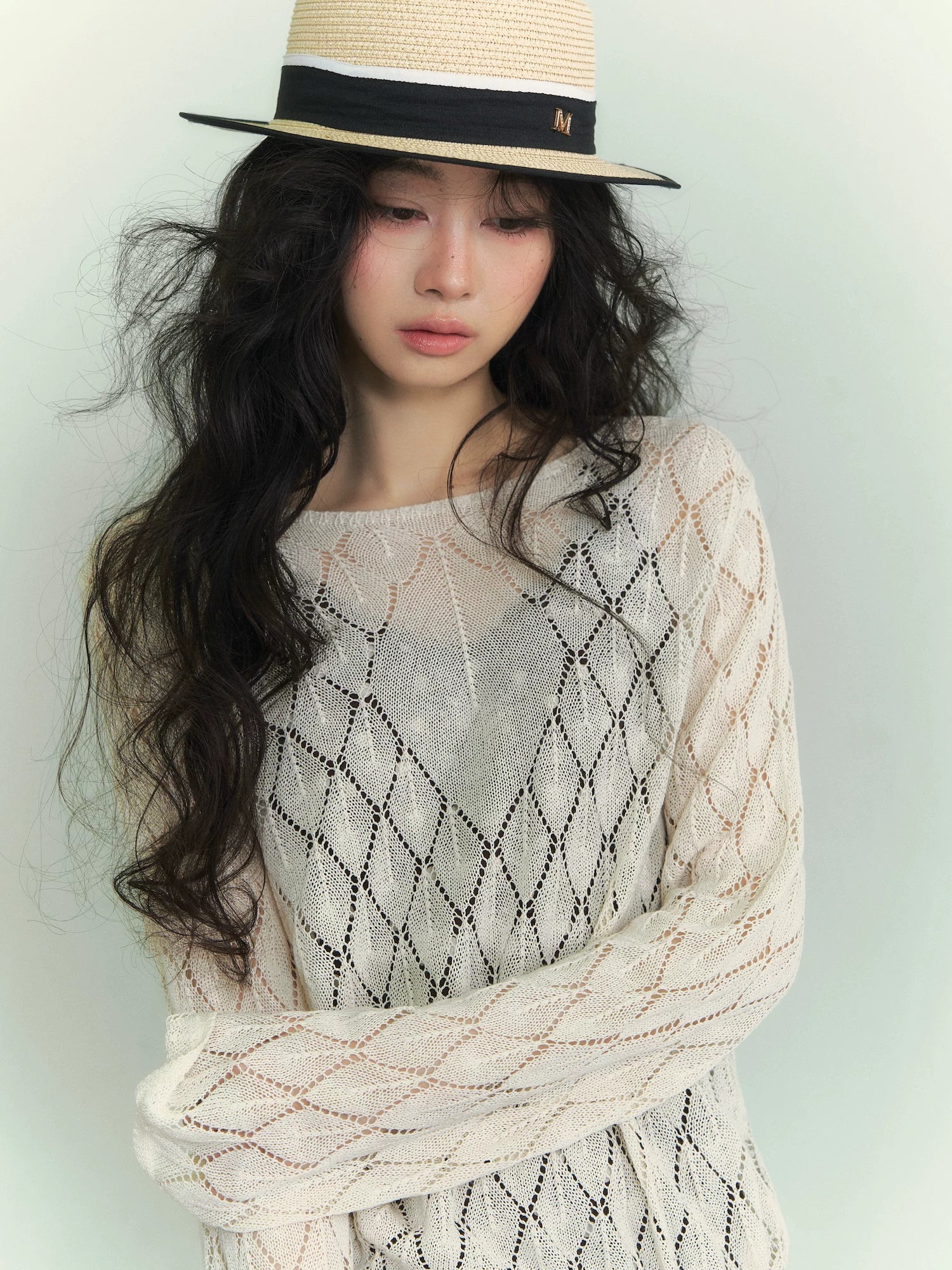 Openwork Diamond-Knit Washi Yarn Long-Sleeve Top