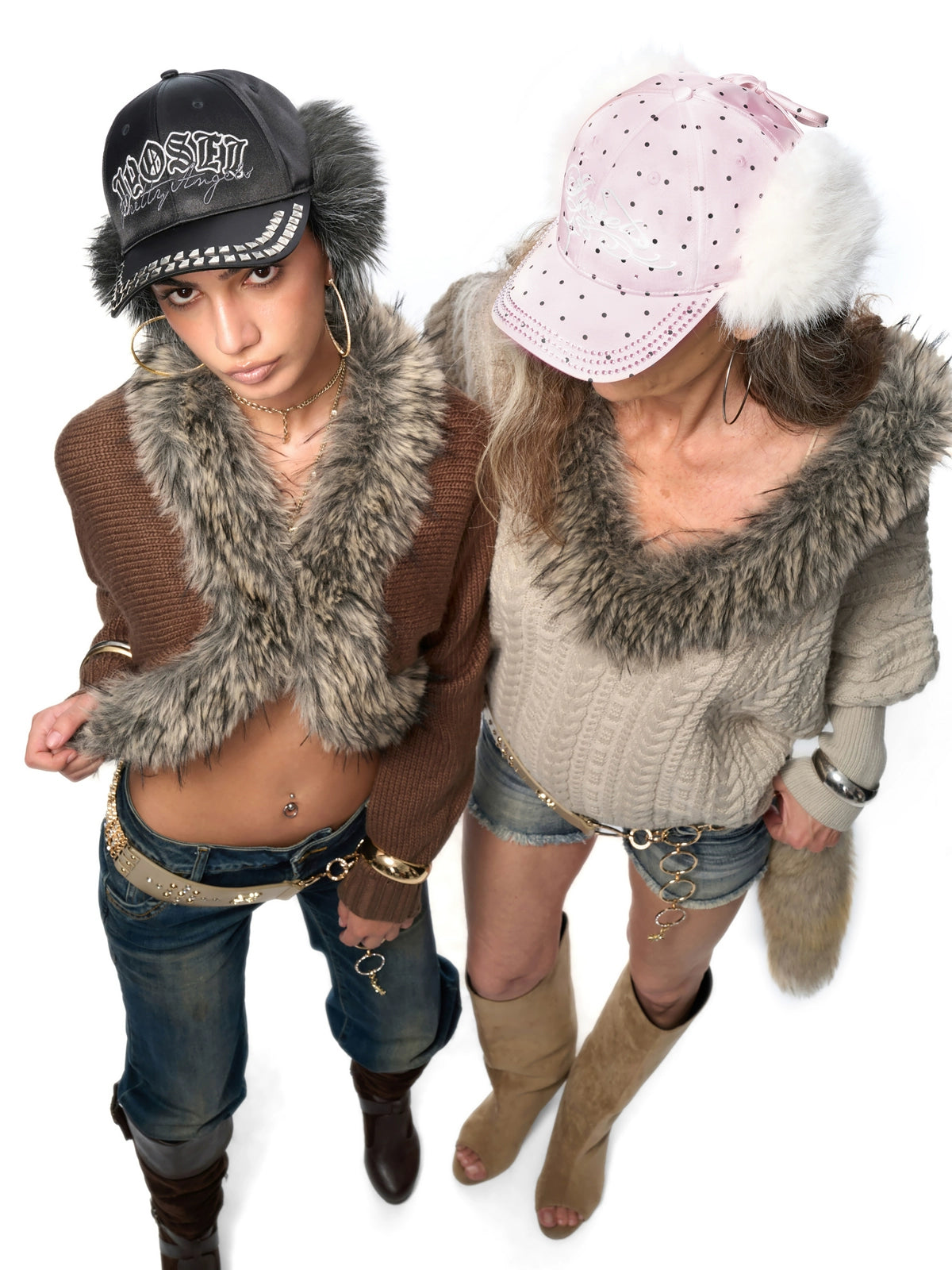 Rhinestone Ear-Flap Furry Baseball Cap