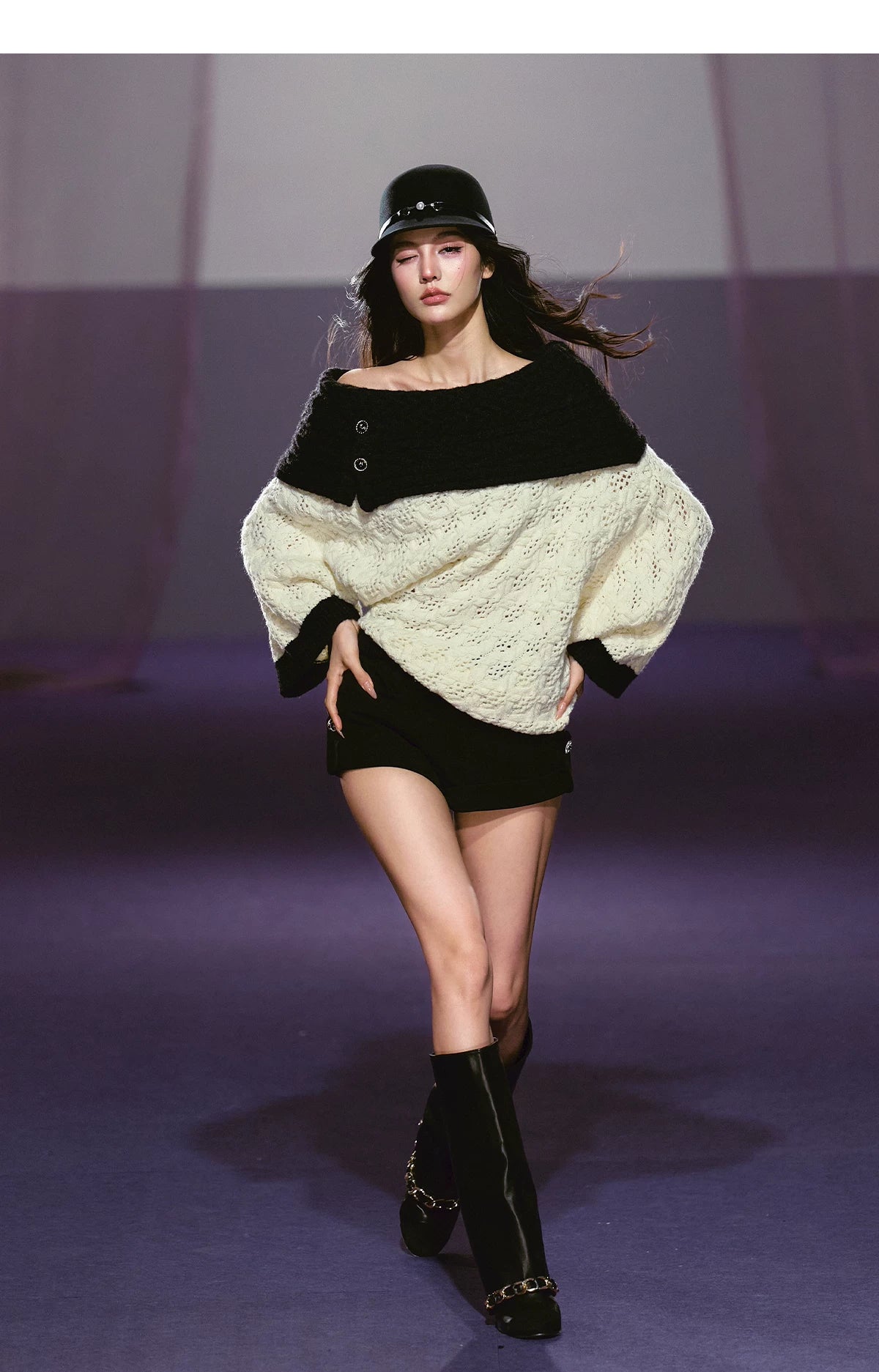 Batwing Sleeve Off-Shoulder Tweed Knit Crewneck