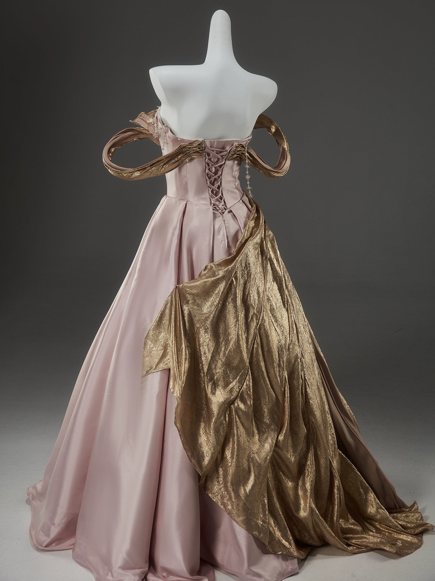 Stunning Elegance Off-Shoulder Gown with Golden Draping