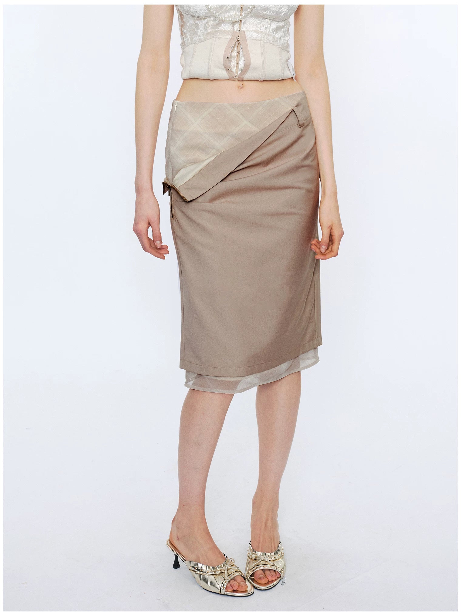 Deconstructed Check Patchwork Straight Midi Skirt