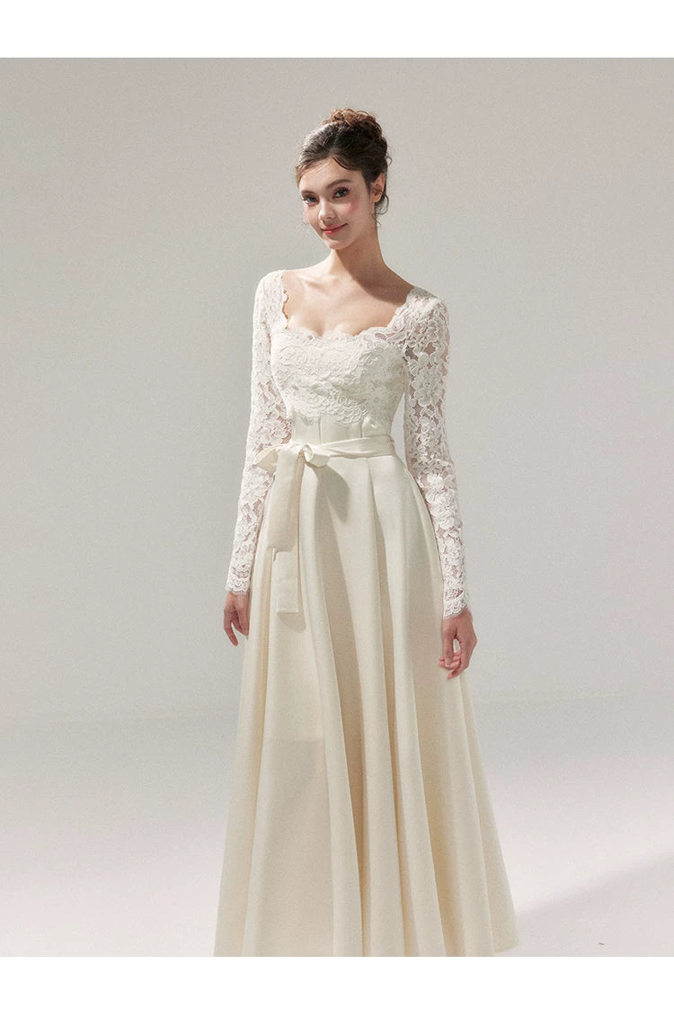 Lace Cinched-Waist Full-Skirt Evening Dress