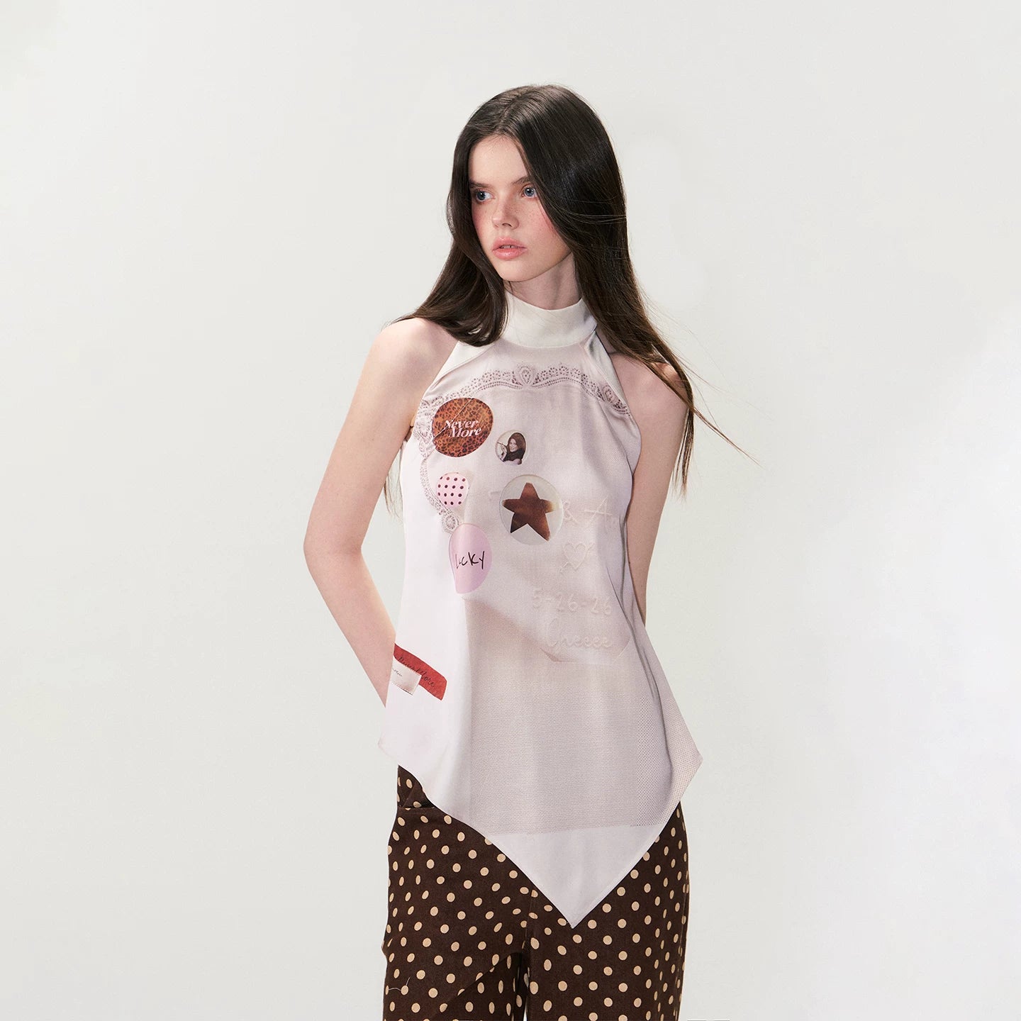 Vintage Printed Asymmetric Hem Halter Top