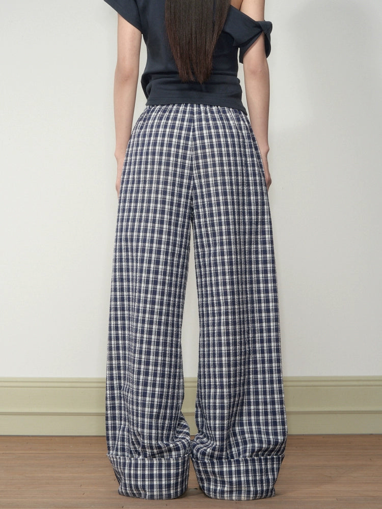 Flapped Loose Navy Checkered Pants - CHINASQUAD