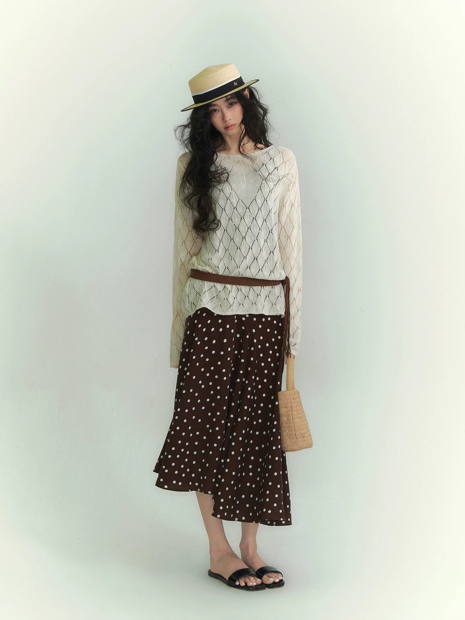 Openwork Diamond-Knit Washi Yarn Long-Sleeve Top