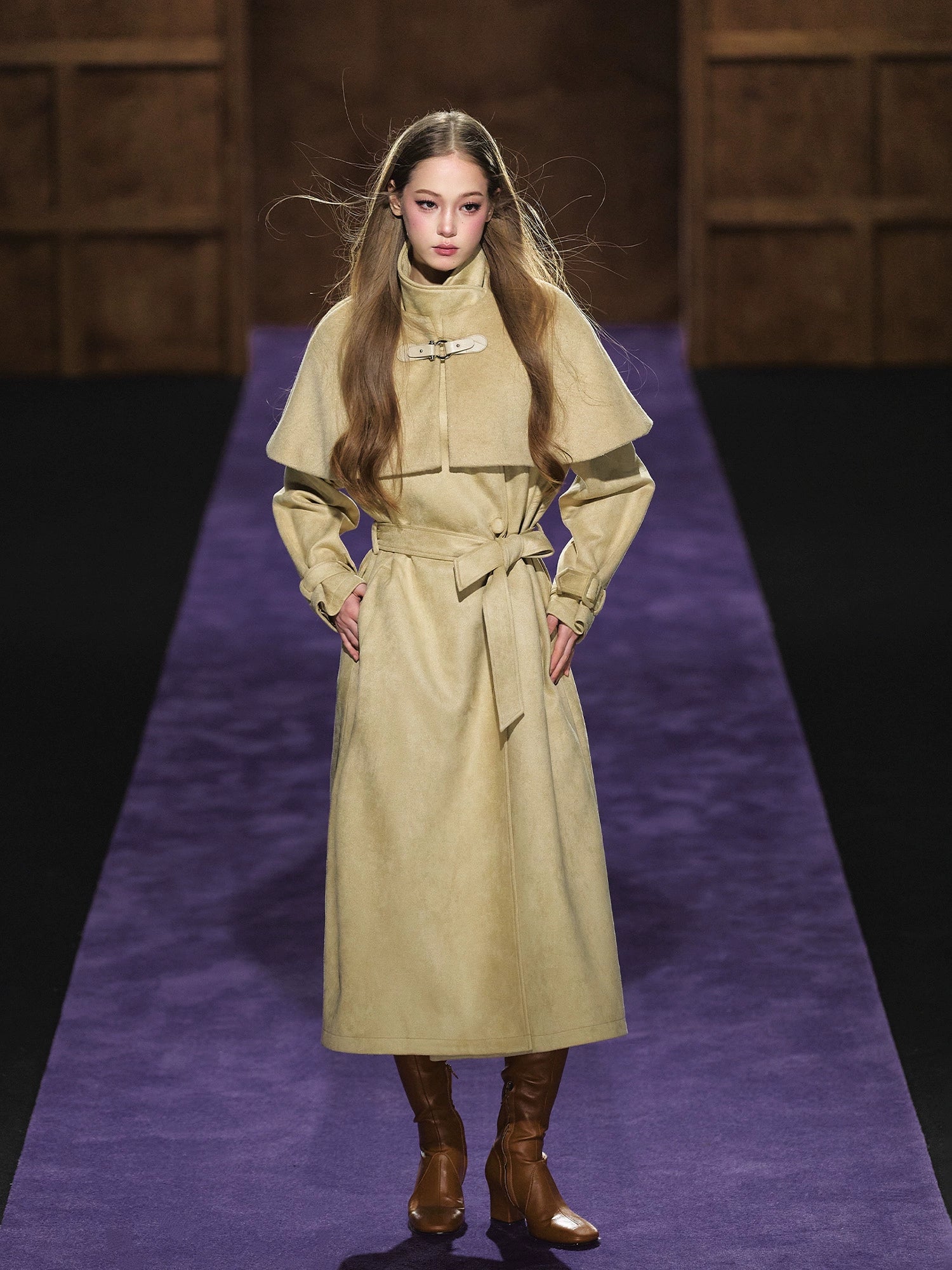 Shimmer Wool Cape Overlay & Suede Long Detachable Belt Coat