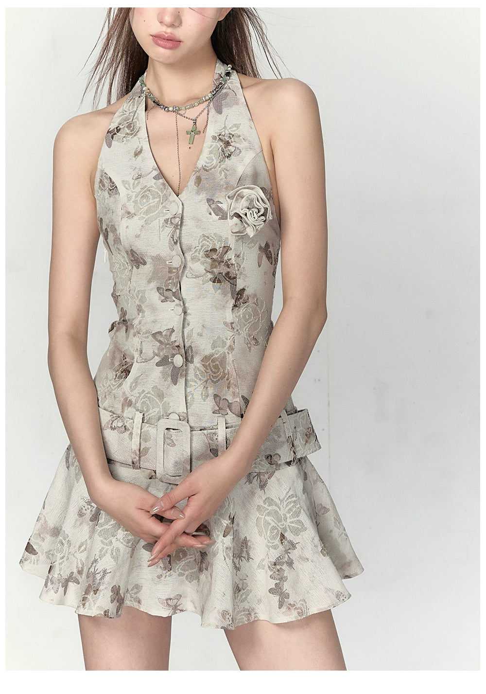 Apricot & Light Green Printed Halter Dress - CHINASQUAD