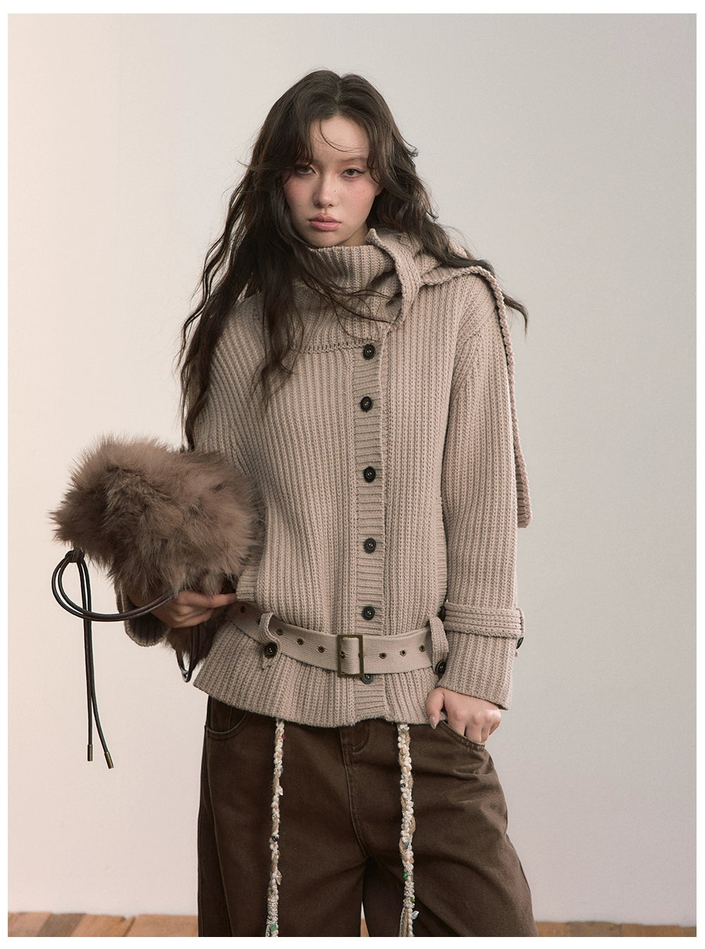 Oversized Turtleneck Cardigan with Attached Scarf - CHINASQUAD