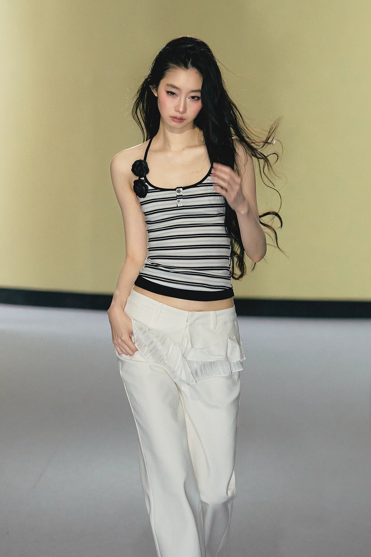 Camellia Contrast-Trim Striped Halterneck Cami