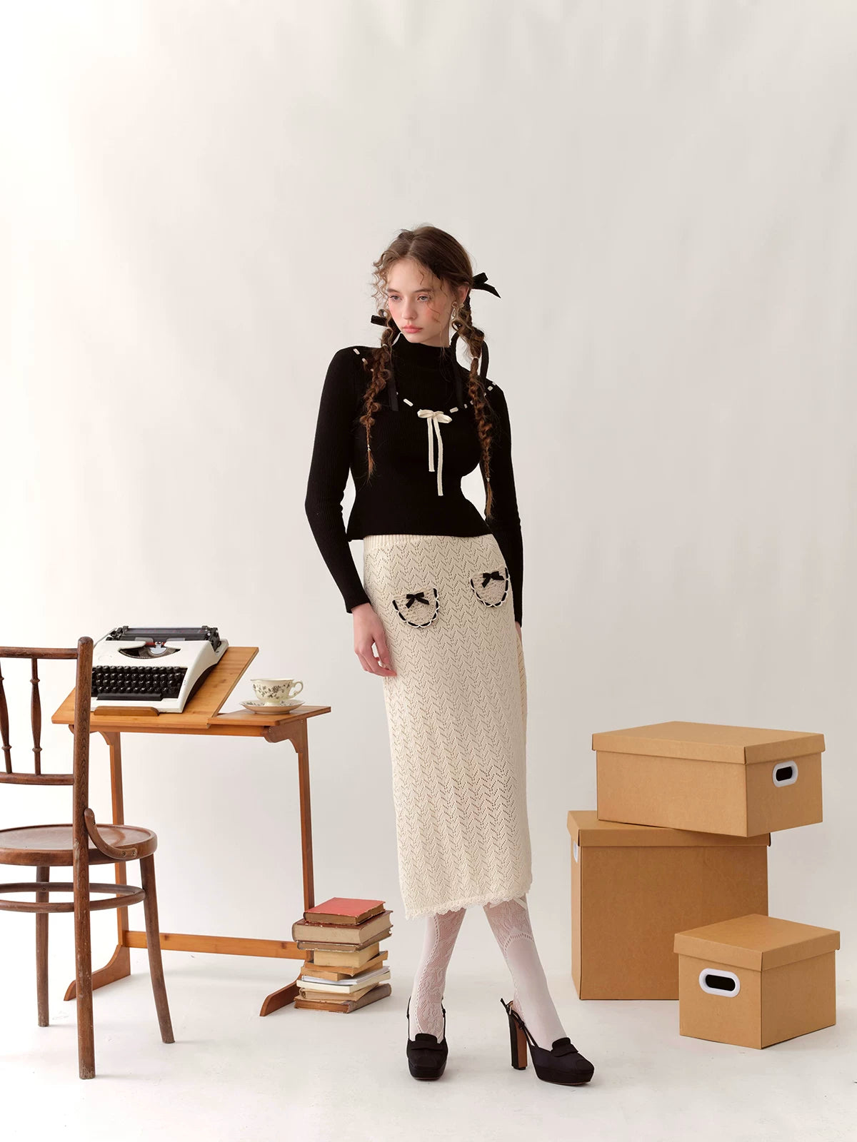 Collegiate White Mock-Neck Knit Top & Skirt Set