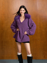 Removable Fur Collar Tweed V-neck Blouse - CHINASQUAD