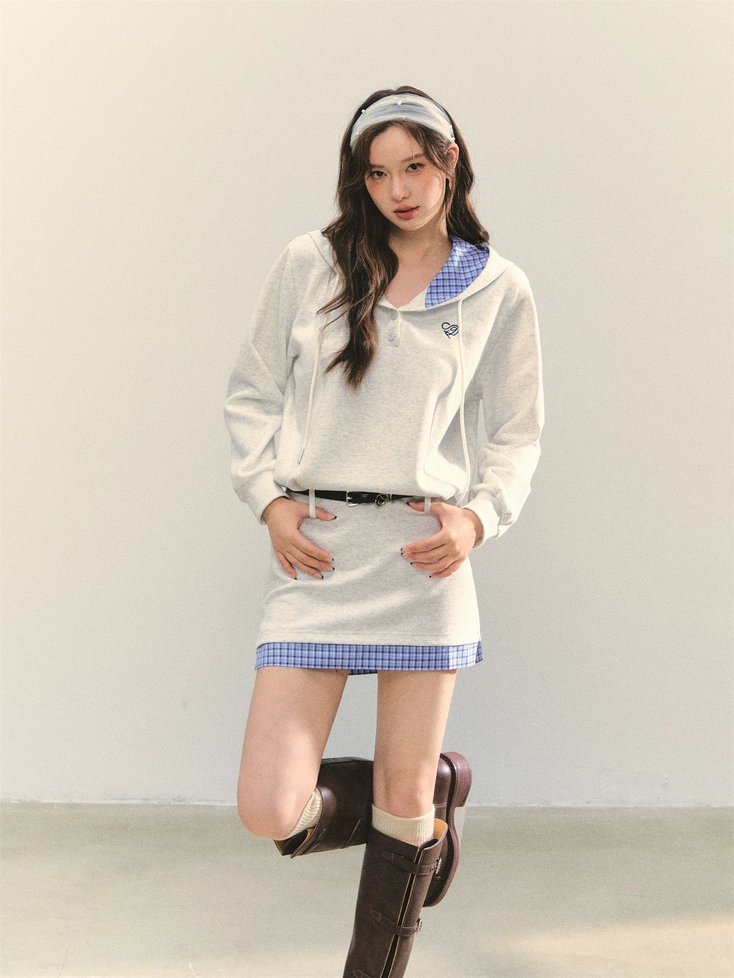 Plaid Splicing Embroidery Hooded Dress