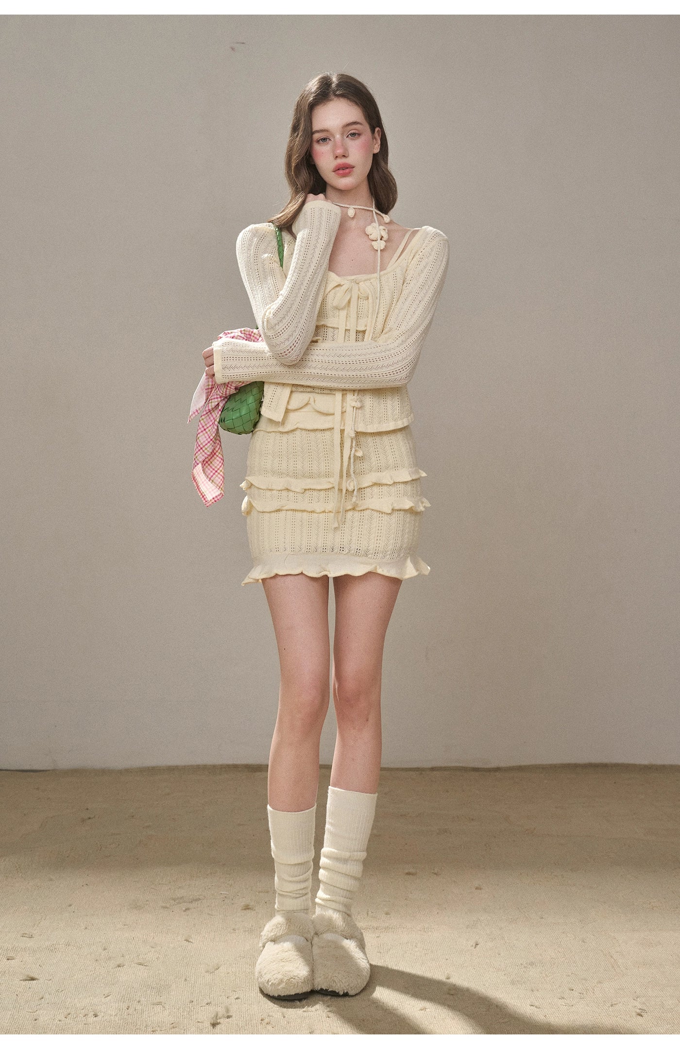 Hollow Out Cream Knit 3-Piece Set