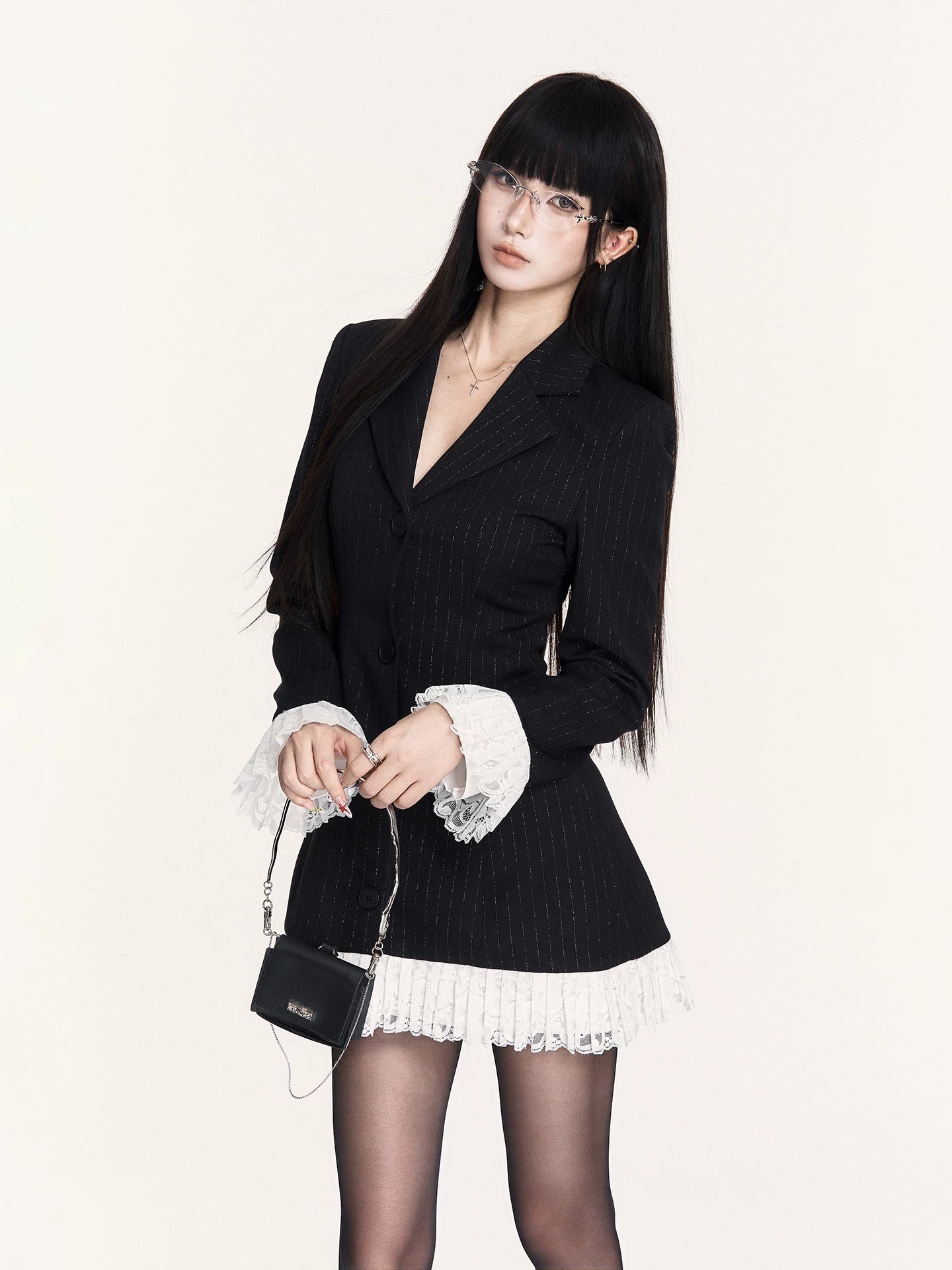 Striped Lace Faux-Layered Blazer Dress