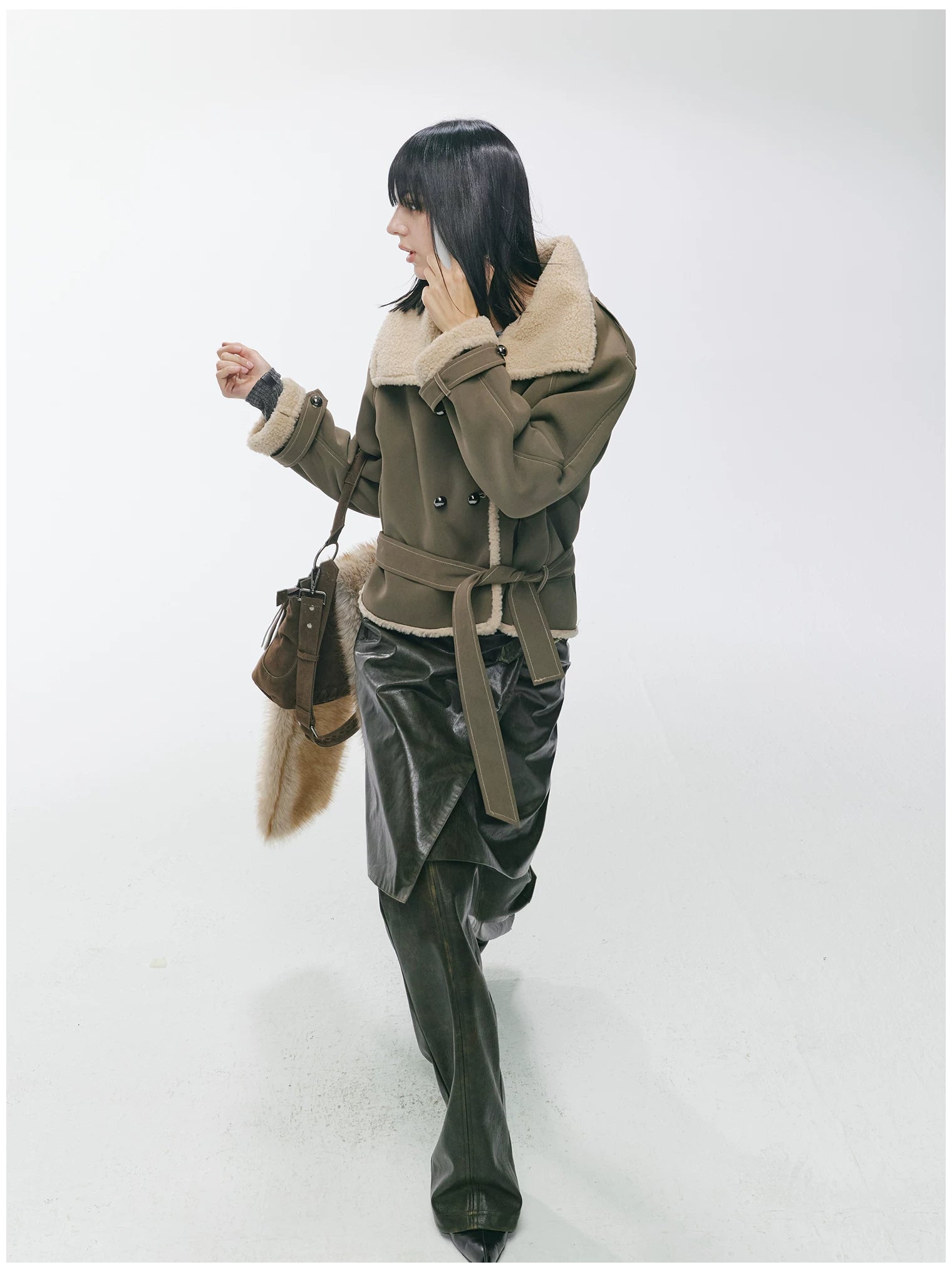 Contrast Fleece-Panelled Shearling Short Coat