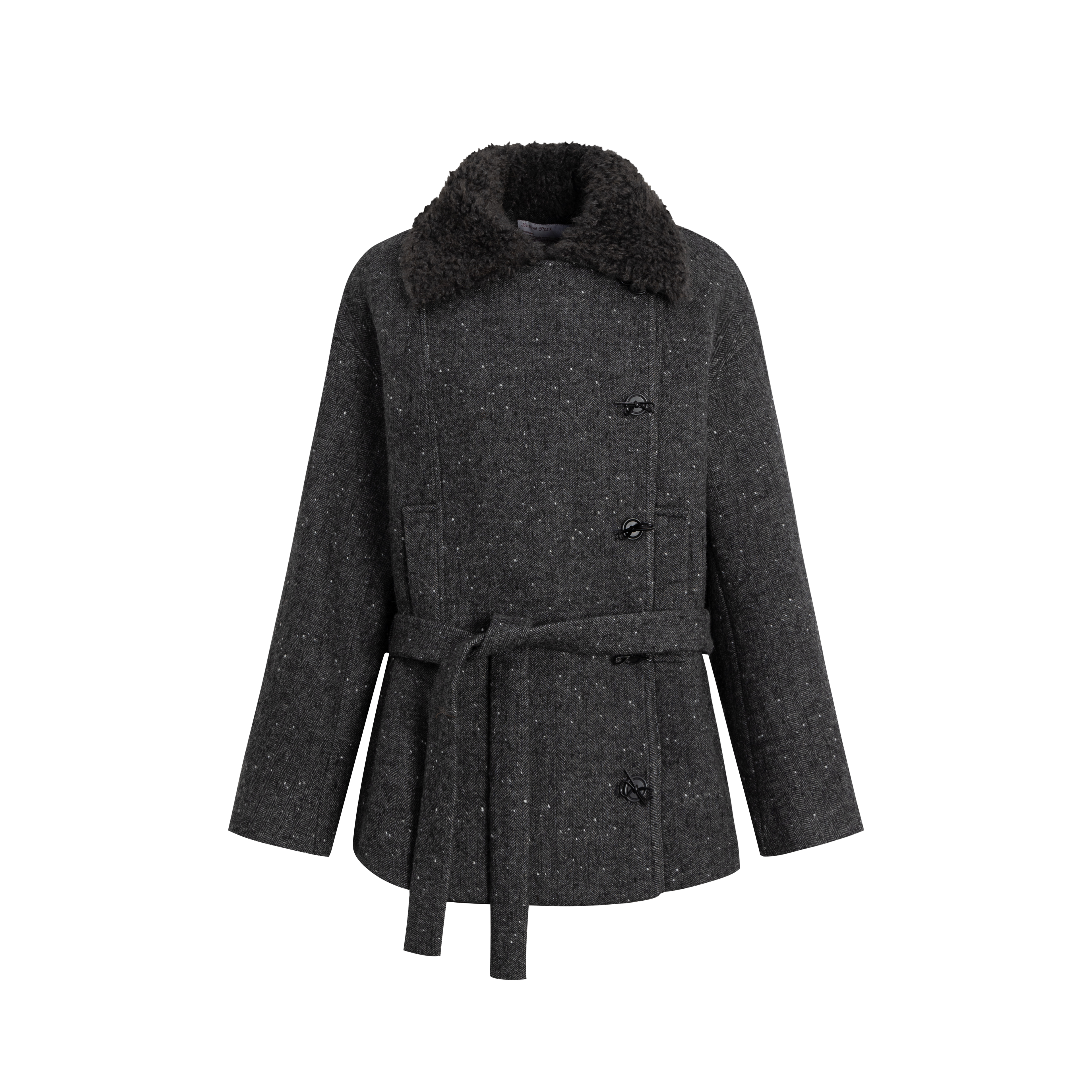 Deep Grey & Brown Wool Blend Fleece-Collar Coat