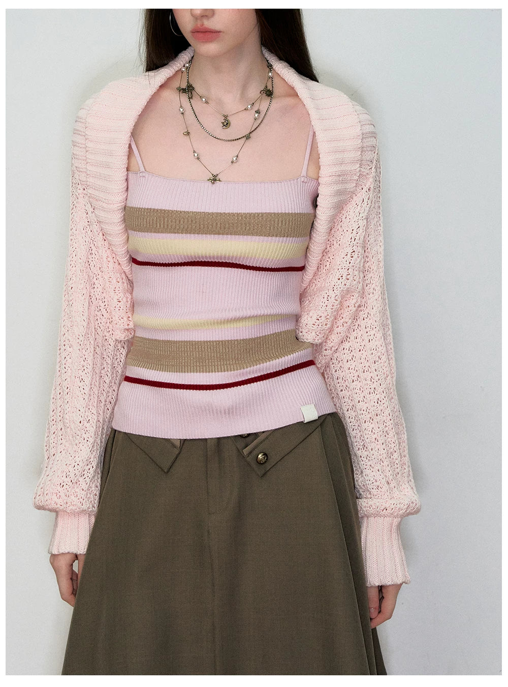 Knit Cardigan & Striped Camisole Two-Piece Set