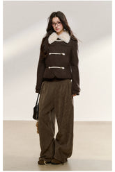 Brown Wool-Blend Toggle Cropped Jacket - CHINASQUAD