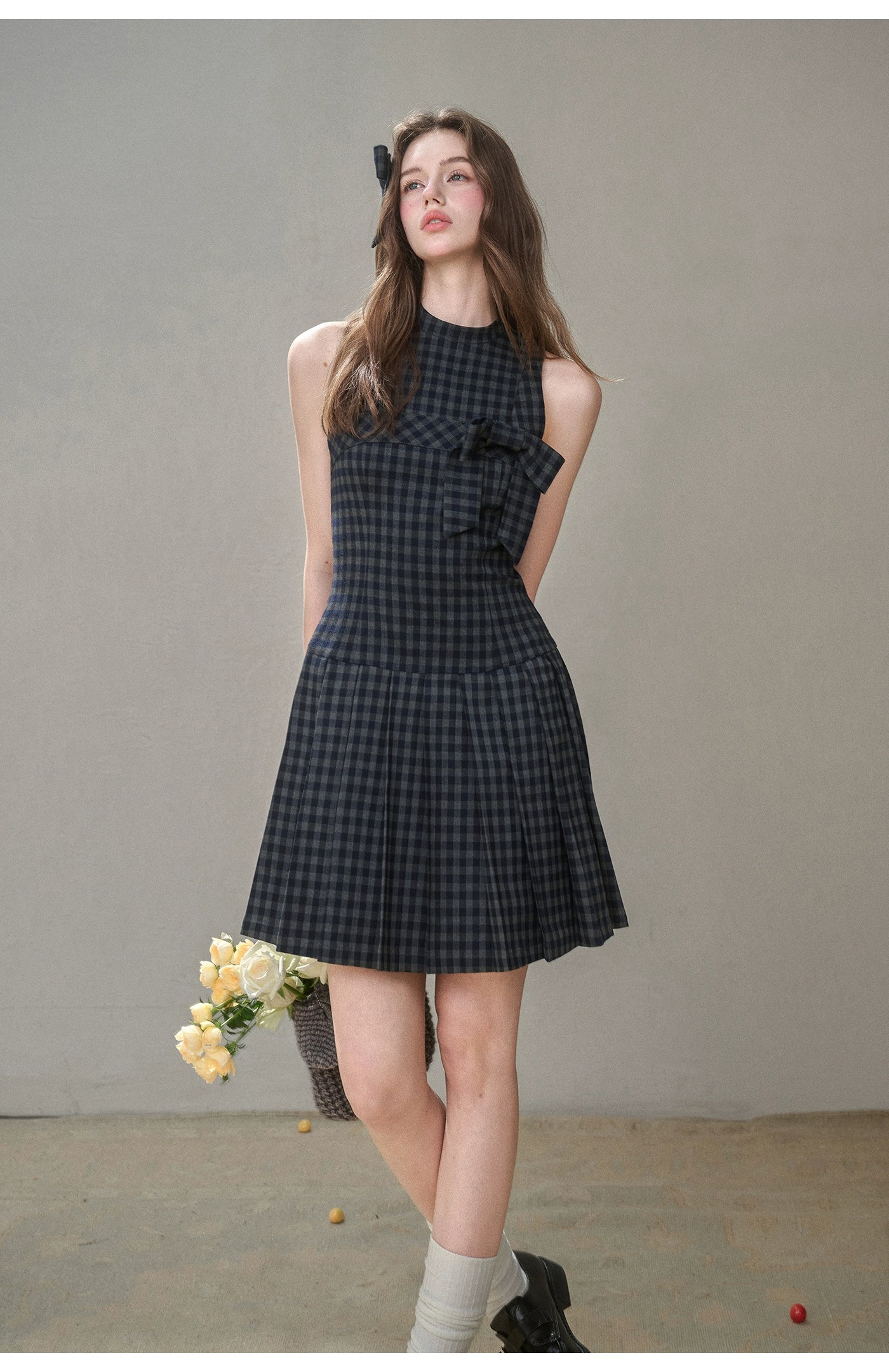Bow Halter Checked Pleated Dress - CHINASQUAD