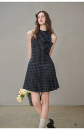 Bow Halter Checked Pleated Dress - CHINASQUAD