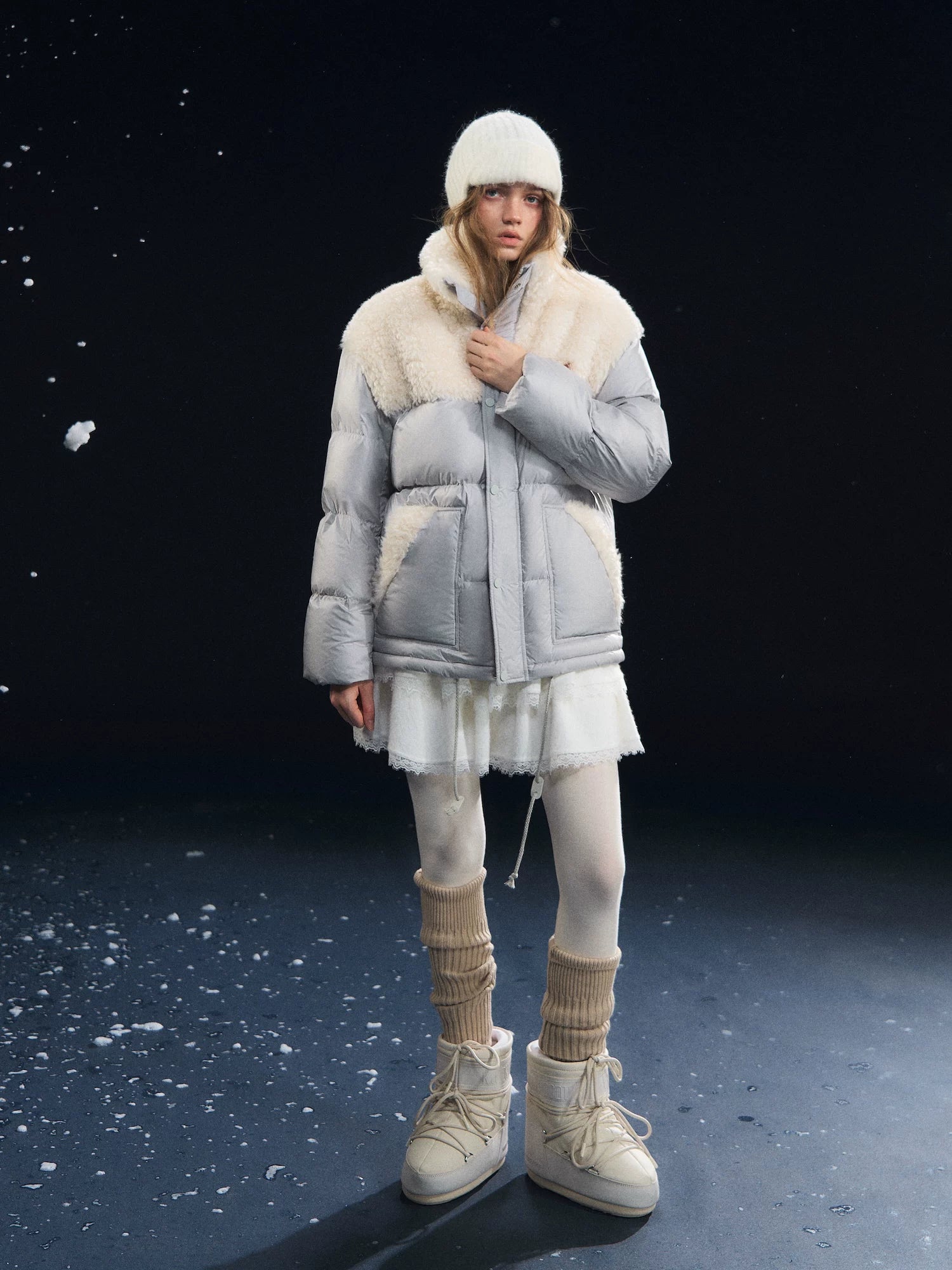 Shearling-Panel Stand-Collar Down Jacket