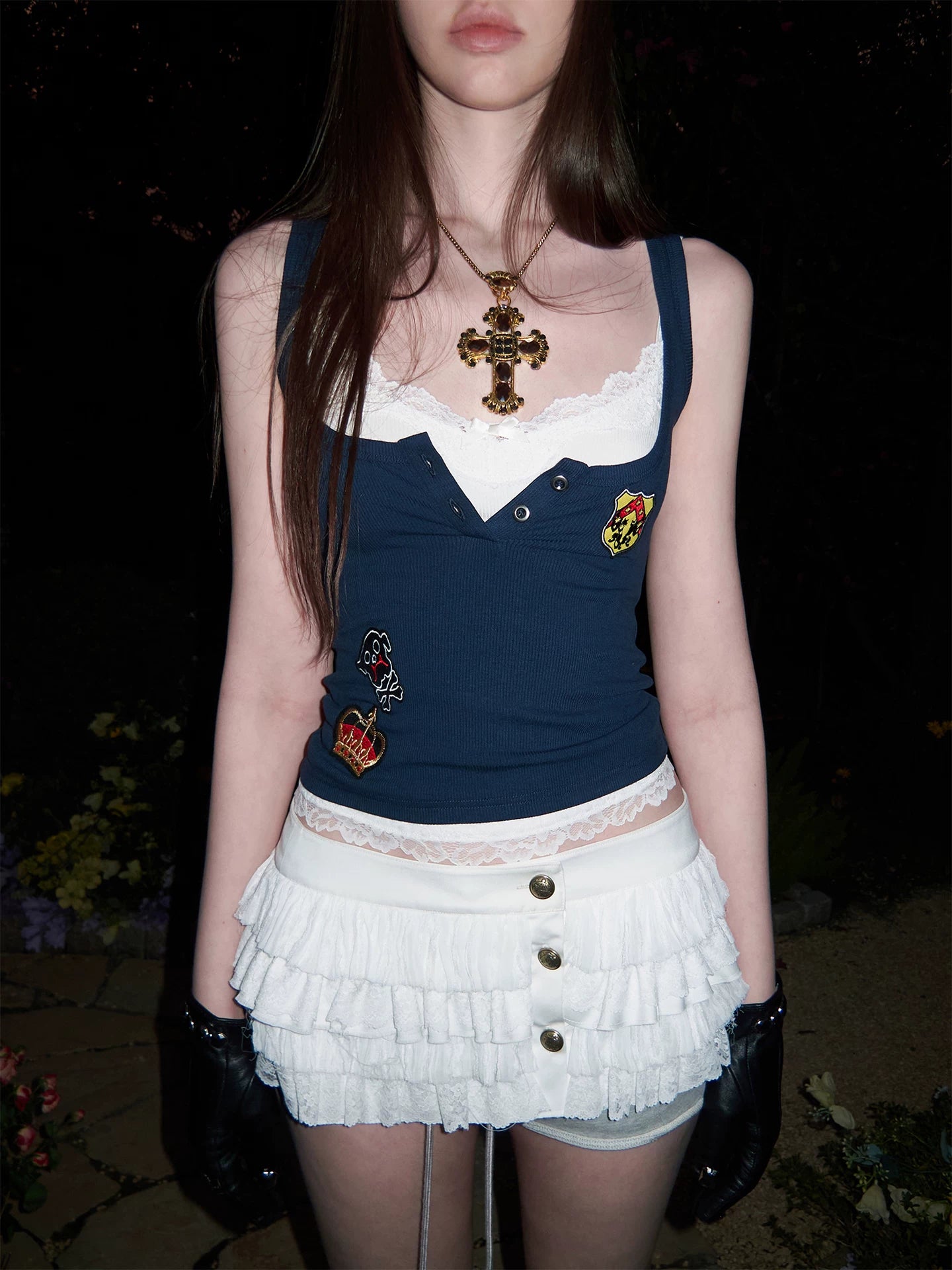 Layered Lace Patch Slim Knit Tank