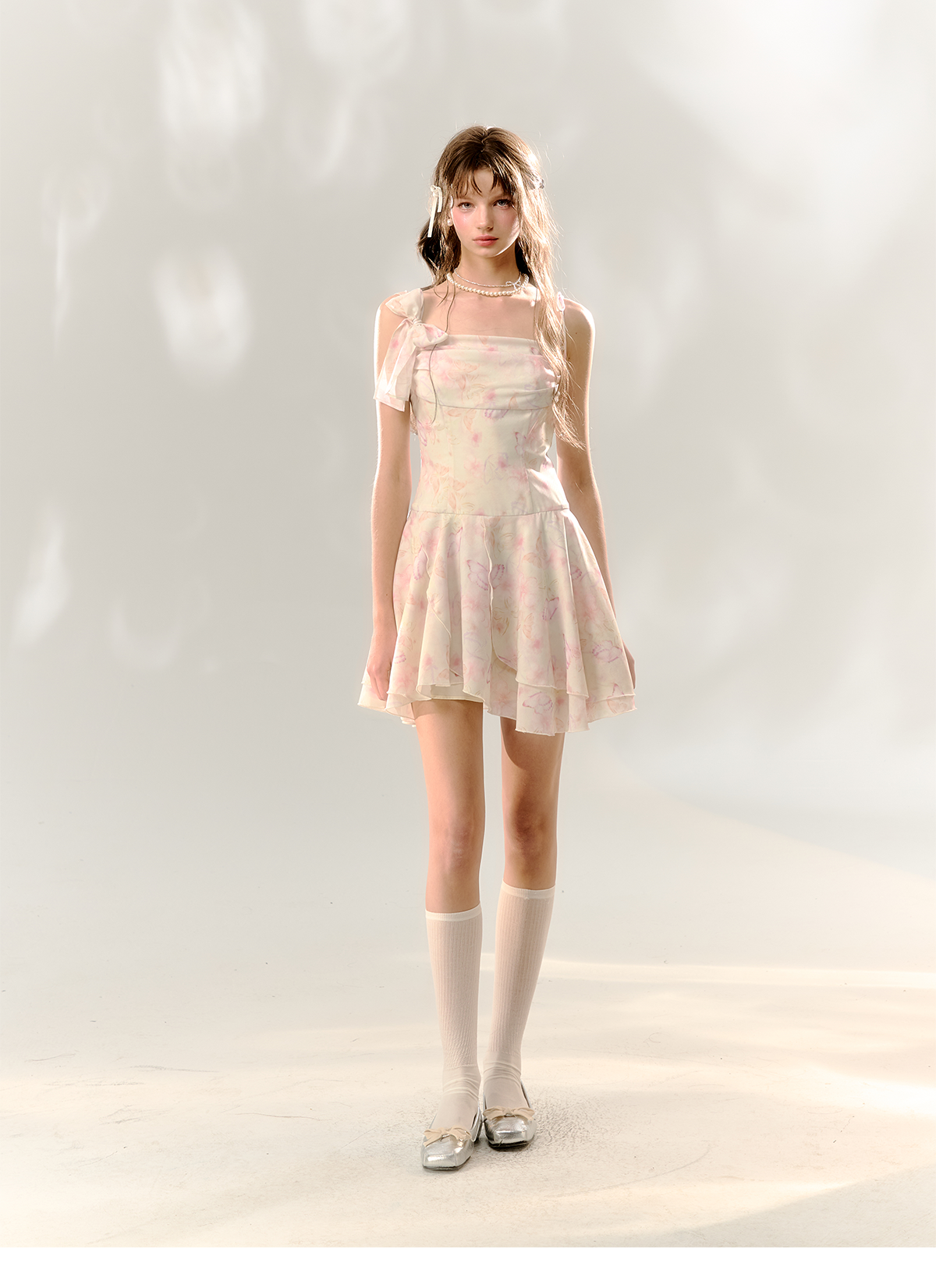 White Butterfly Print Cinched Waist Dress - CHINASQUAD