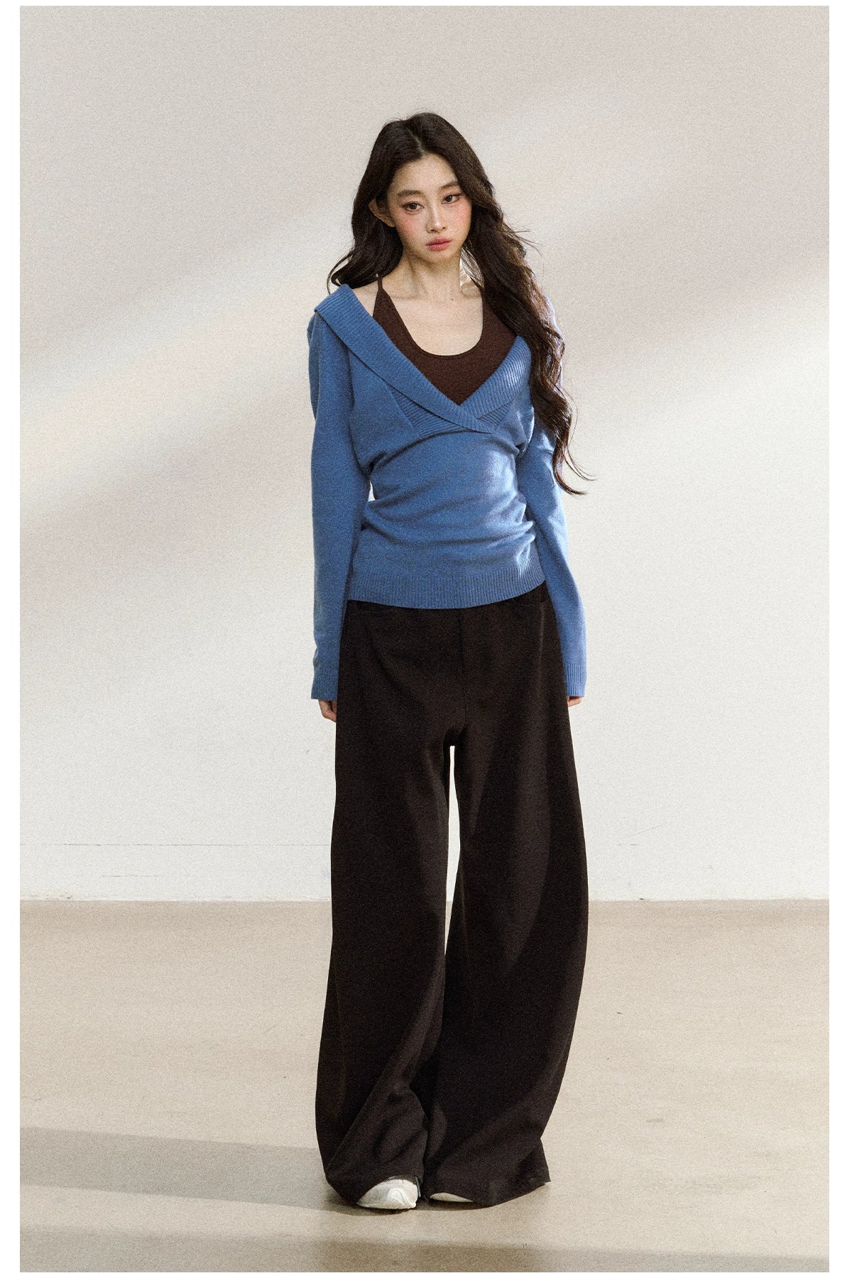 Blue Off-Shoulder Knit Sweater Cardigan - CHINASQUAD