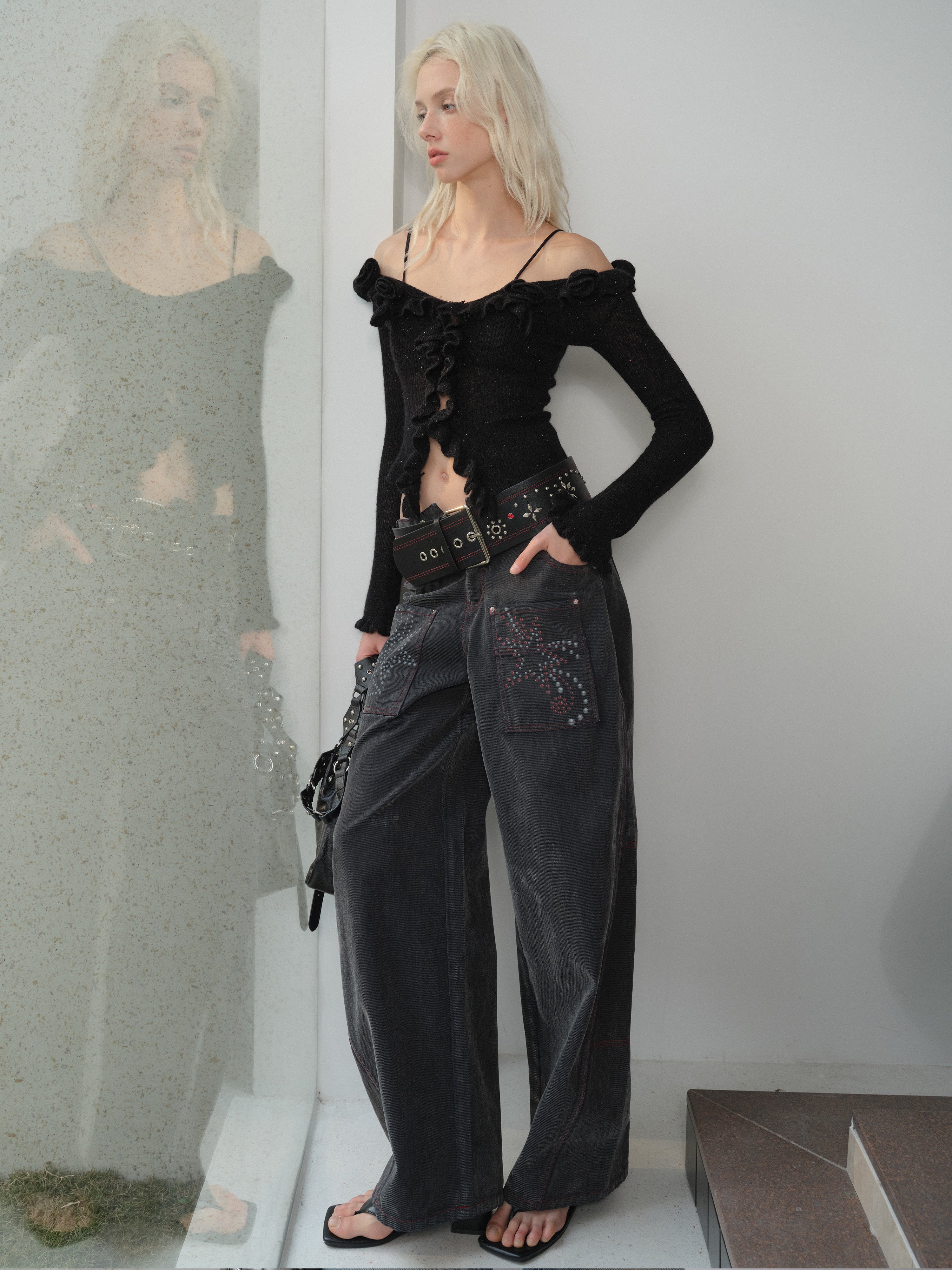 Punk Vintage Contrast Studded Rhinestone Wide Belt - CHINASQUAD