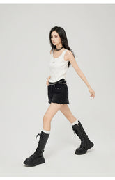 Black & Blue Frayed Denim Shorts - CHINASQUAD