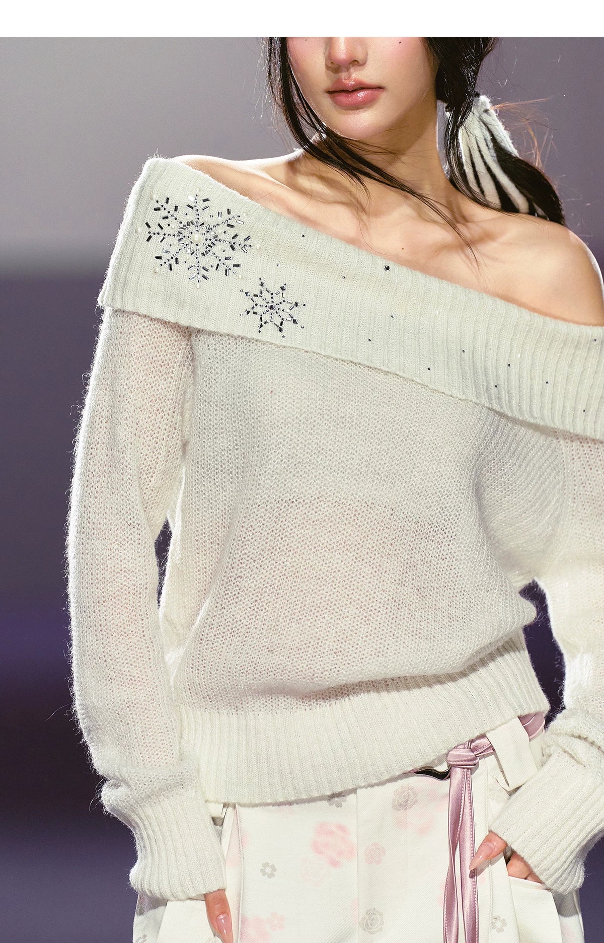 Snowflake Rhinestone Off-Shoulder Knit Sweater