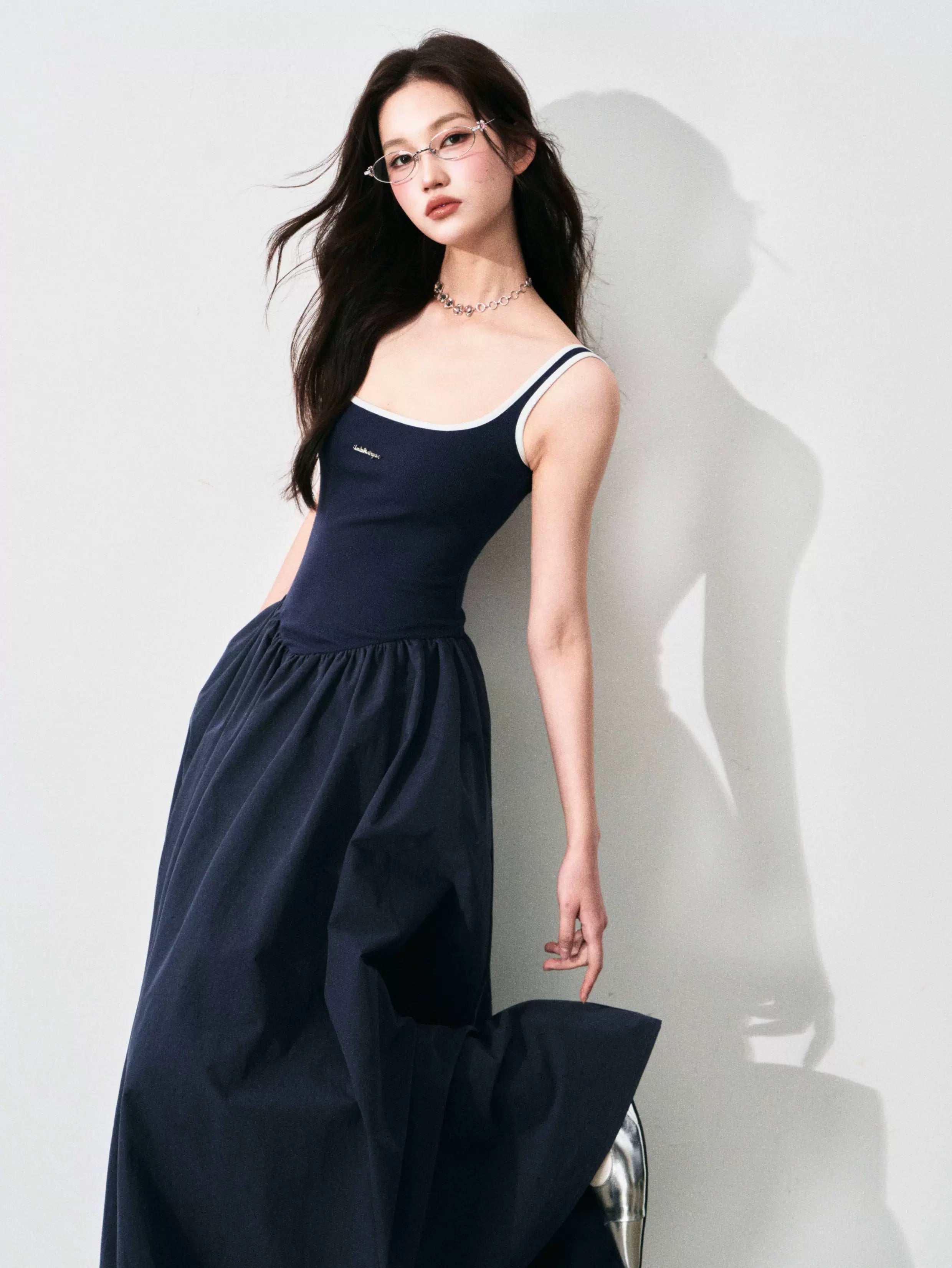 Contrast-Trim Backless Slip Maxi Dress